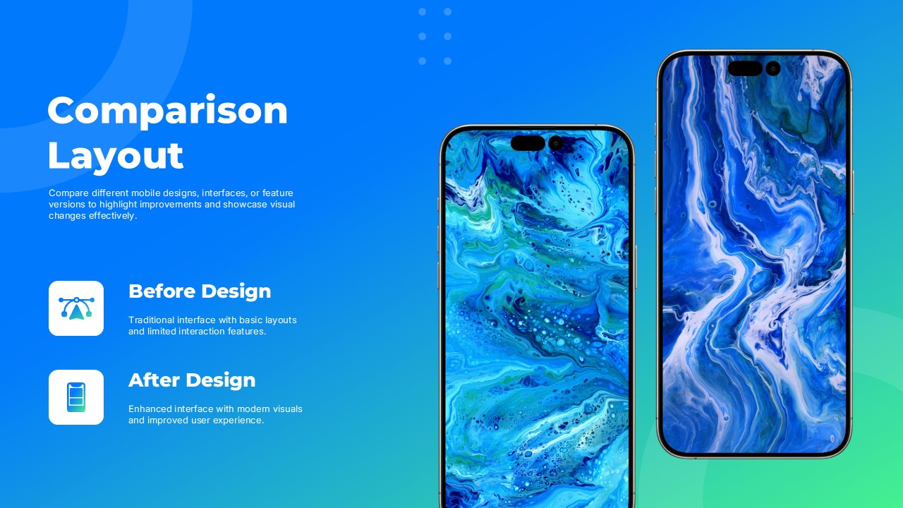 Phone Mockups Comparison Layout Slide - two offset staggered phones right, before-and-after feature text left