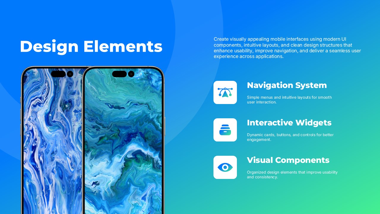 Phone Mockups Design Elements Slide - dual stacked phones left, three icon feature rows right on gradient background