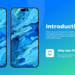 Phone Mockups Introduction Slide - four feature icons flanking a central hero smartphone on gradient background