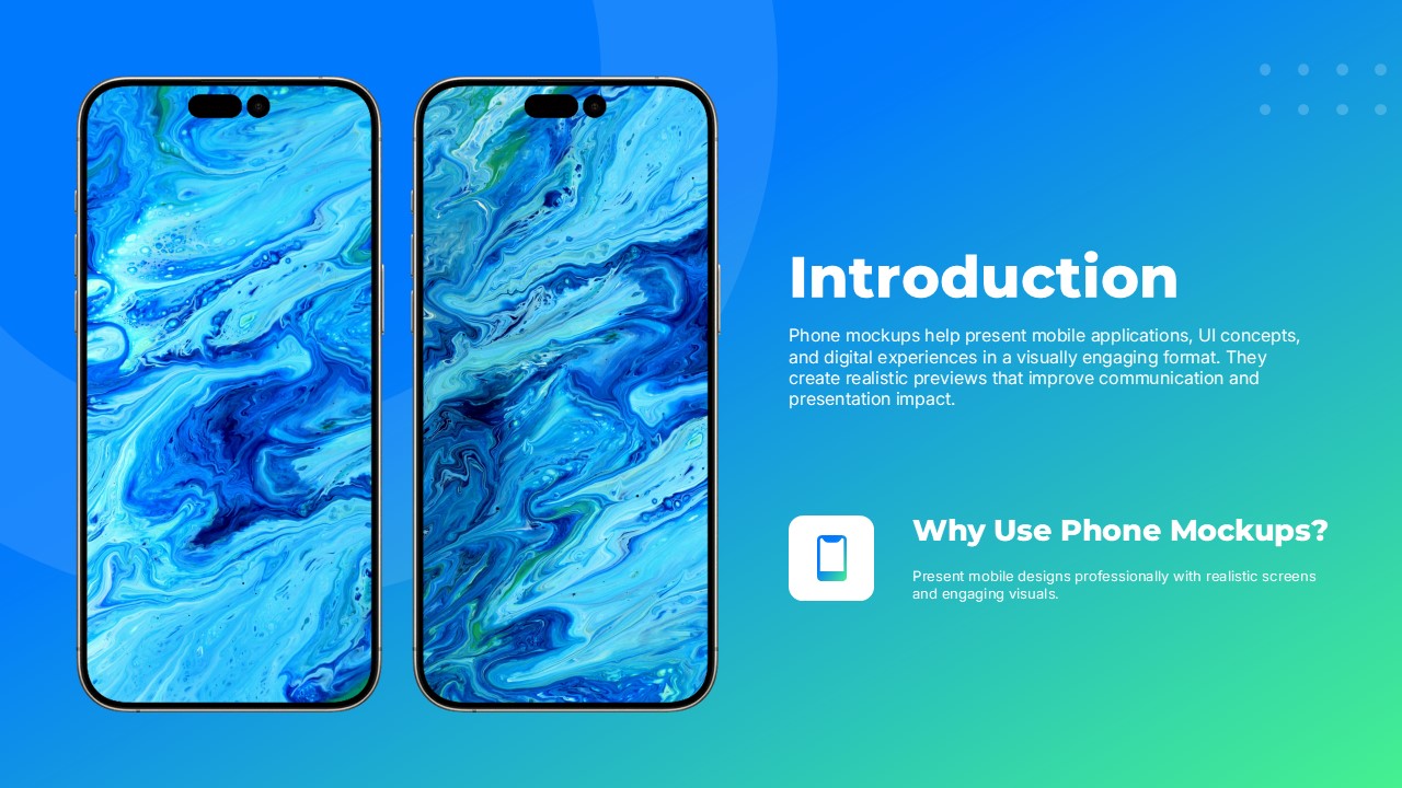 Phone Mockups Introduction Slide - four feature icons flanking a central hero smartphone on gradient background
