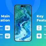 Phone Mockups Key Features Template - four icon-feature blocks surrounding a centered vertical smartphone mockup