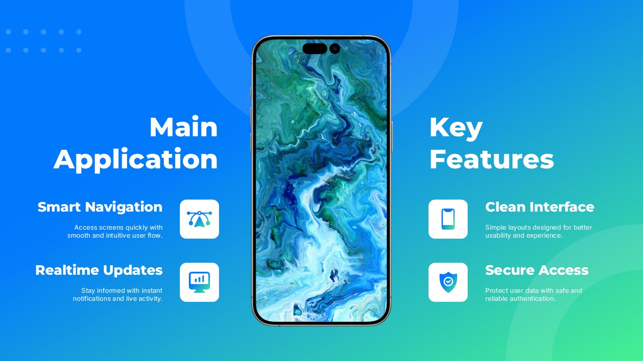Phone Mockups Key Features Template - four icon-feature blocks surrounding a centered vertical smartphone mockup