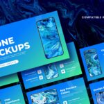 Phone Mockups Template - 11-slide deck fanned in 3D on dark navy background with blue-green gradient slides