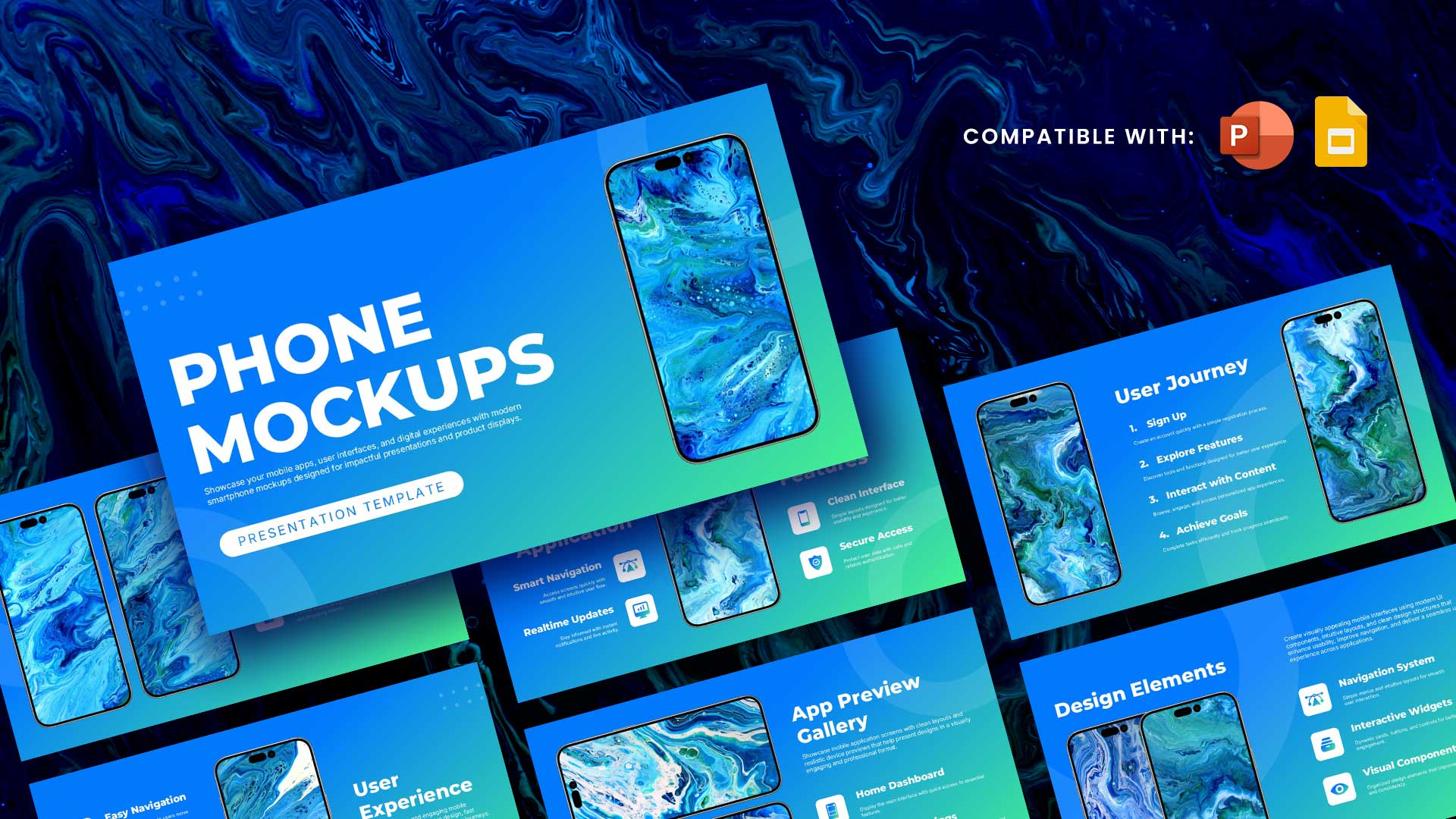 Phone Mockups Template - 11-slide deck fanned in 3D on dark navy background with blue-green gradient slides