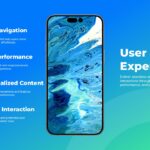 Phone Mockups User Experience Slide - four UX icon features left, central hero phone mockup, bold heading right