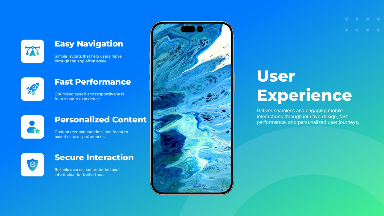 Phone Mockups User Experience Slide - four UX icon features left, central hero phone mockup, bold heading right