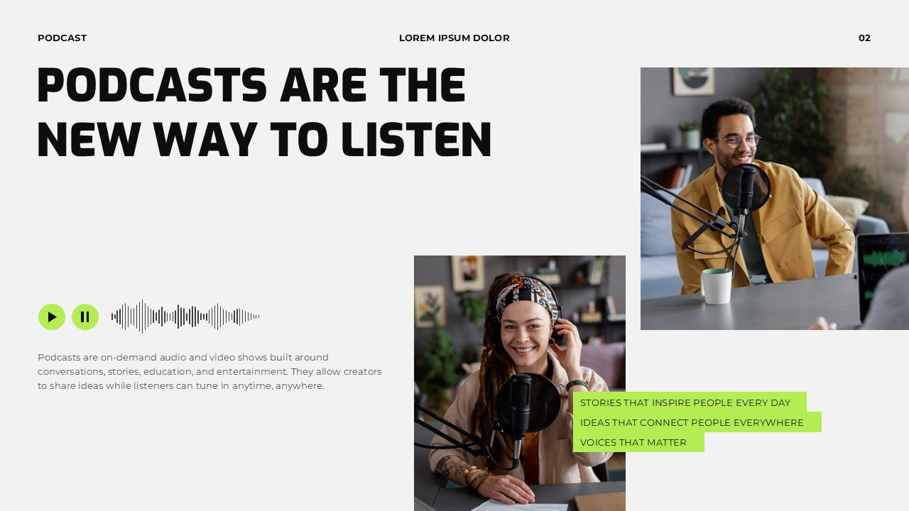 Podcast Audience Statistics Template - slide with 70% and 80% data callouts and listener photos