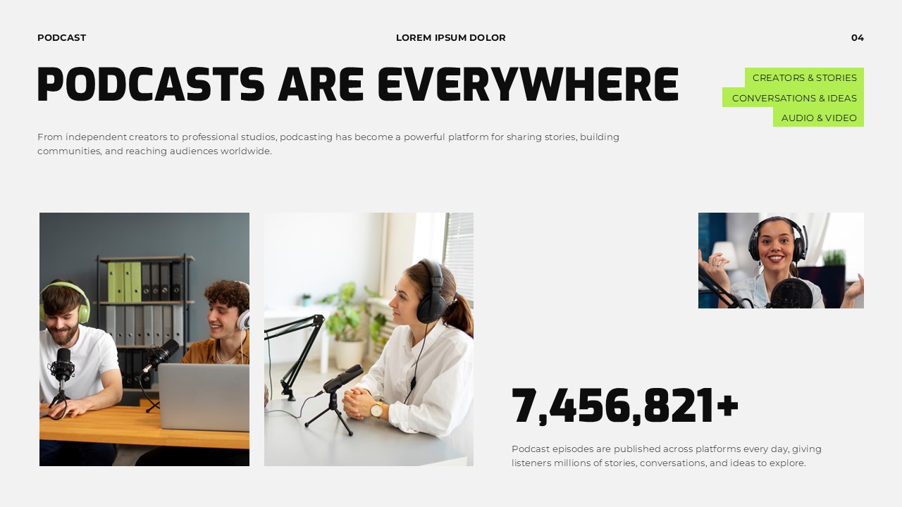 Podcast Growth Bar Chart Template - lime green vertical bar chart with Comedy, News, Education, Entertainment categories