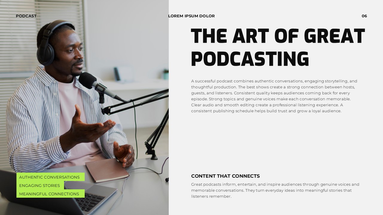 Podcast Key Elements Success Template - four white cards grid covering Content, Personality, Production, Audience