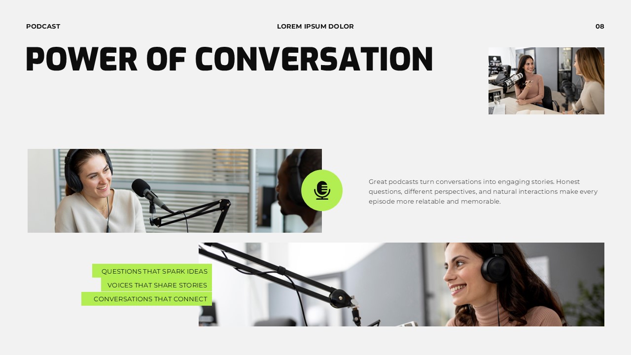 Podcast Team Members Roles Template - three portrait photos with name and role labels for host, producer, editor