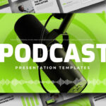 Podcast Template - lime green cover slide with studio microphone, concentric circles, and waveform graphic
