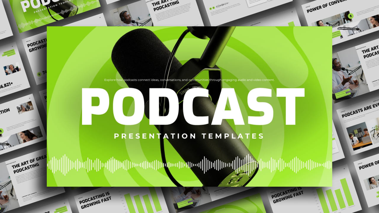 Podcast Template - lime green cover slide with studio microphone, concentric circles, and waveform graphic