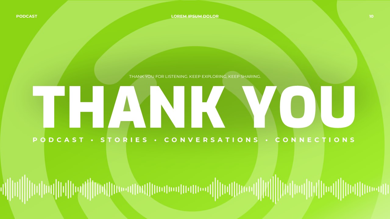 Podcast Thank You Template - lime green closing slide with bold white Thank You headline and waveform graphic