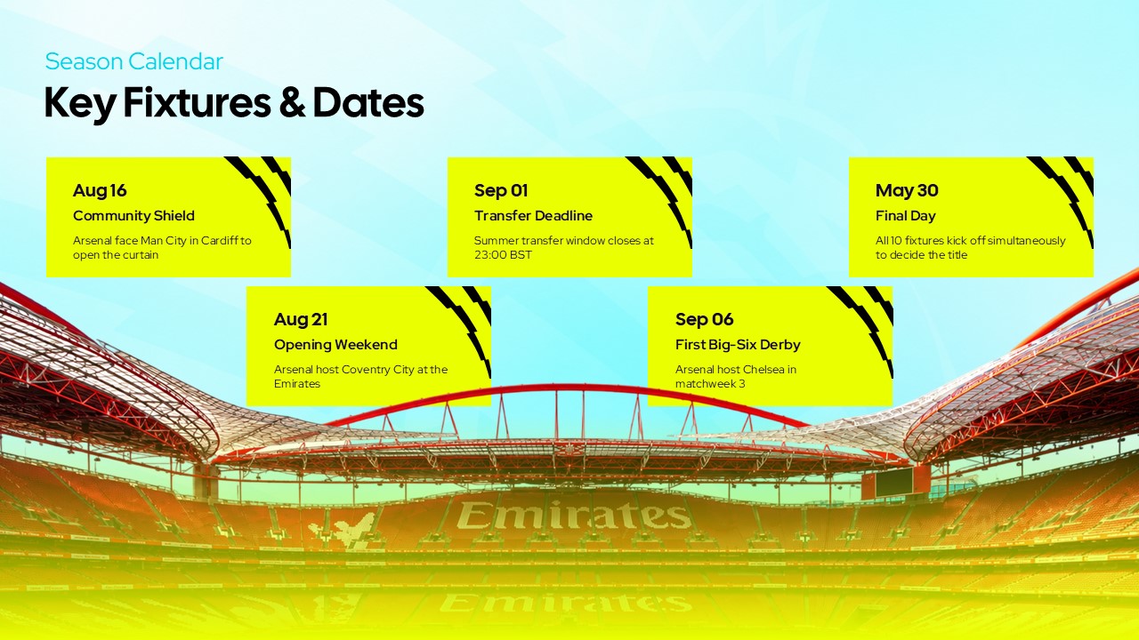 Premier League 2026 Fixtures Template - Highlight key season dates from opening weekend to final day