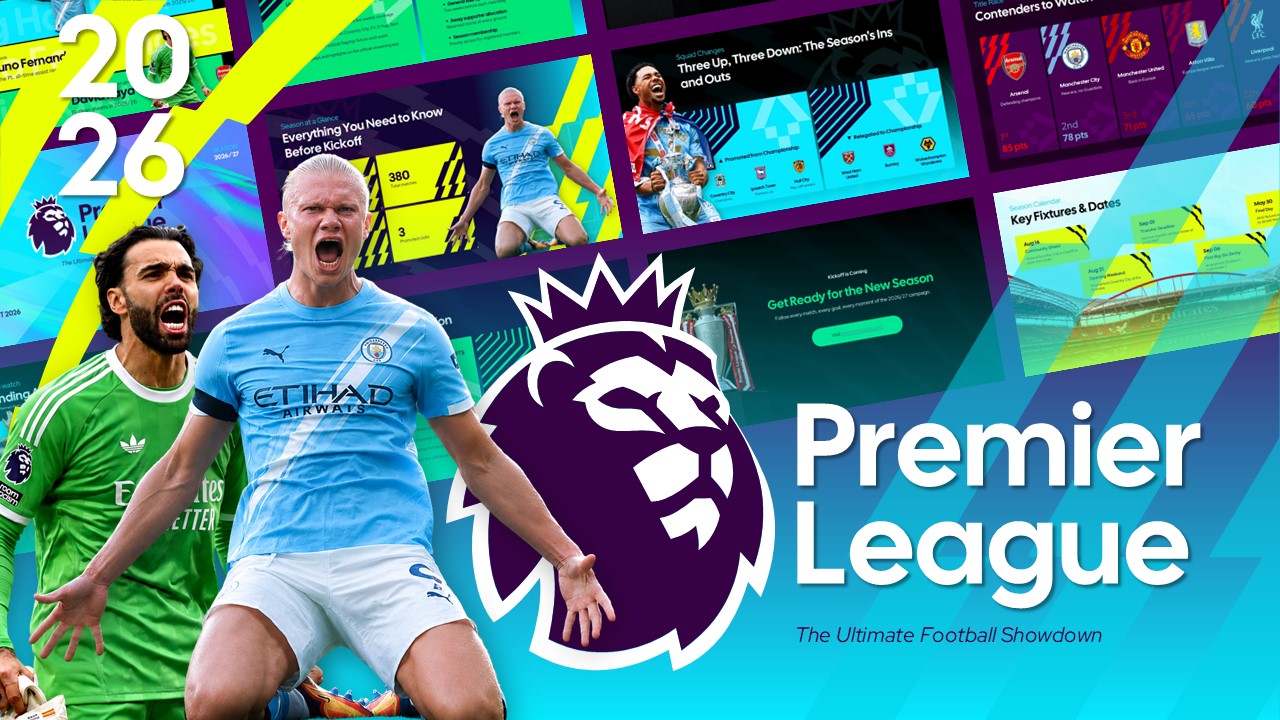 Premier League 2026 Template - Preview all 10 slides in one dynamic football presentation deck