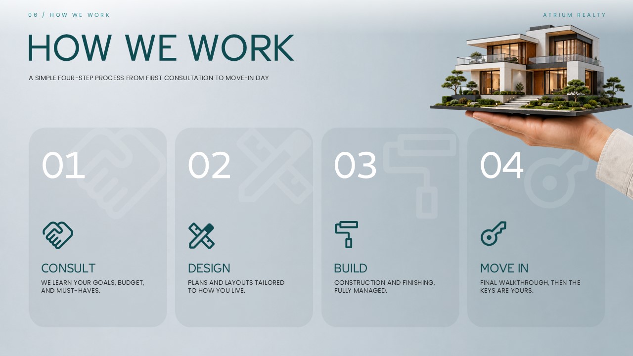 Real Estate Template - Design philosophy slide with 76% build quality and 87% client satisfaction progress bars