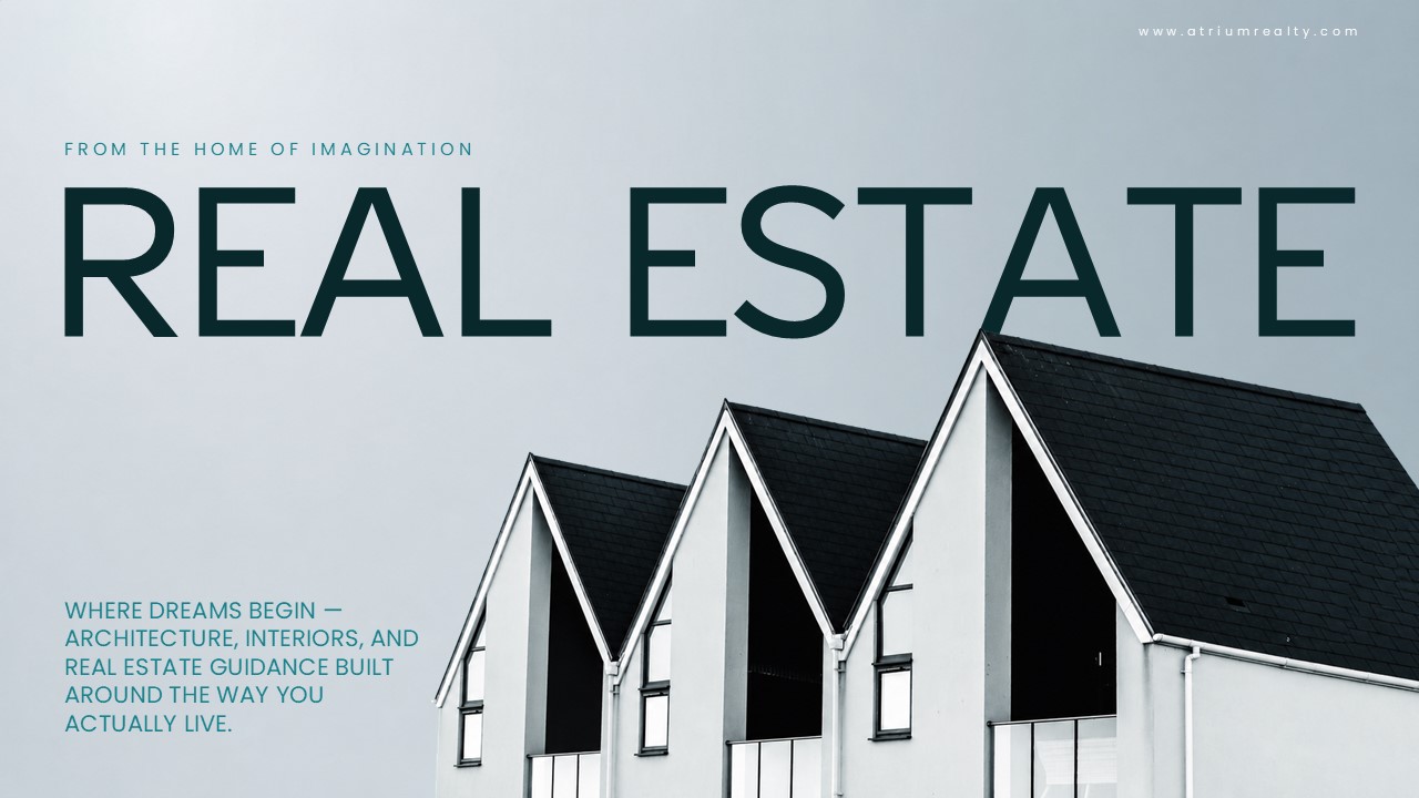 Real Estate Template - Architecture statistics slide with glassmorphism KPI cards over residential neighborhood photo