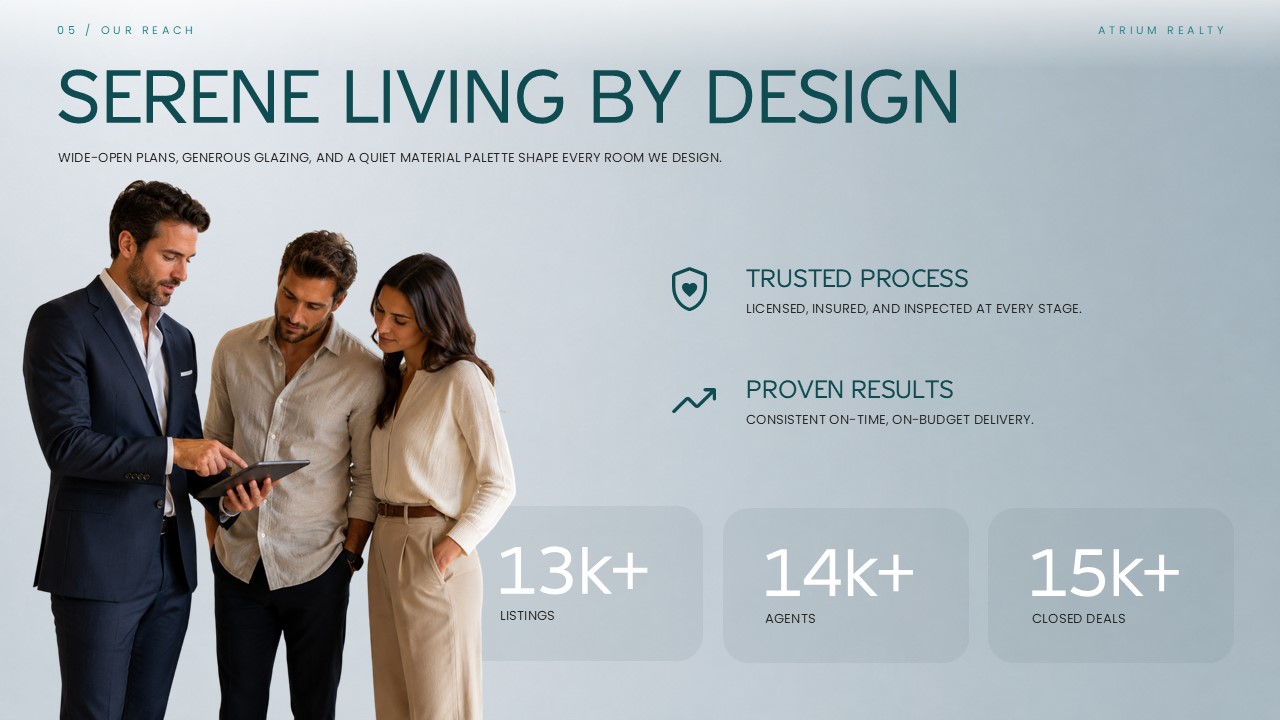 Real Estate Template - Four-step process slide showing Consult, Design, Build, and Move In workflow cards