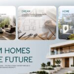 Real Estate Template - Statistics slide with 200+ projects, 458+ families, and 50% build quality score over architectural photo