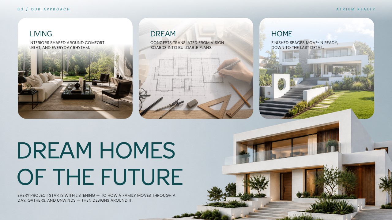 Real Estate Template - Statistics slide with 200+ projects, 458+ families, and 50% build quality score over architectural photo