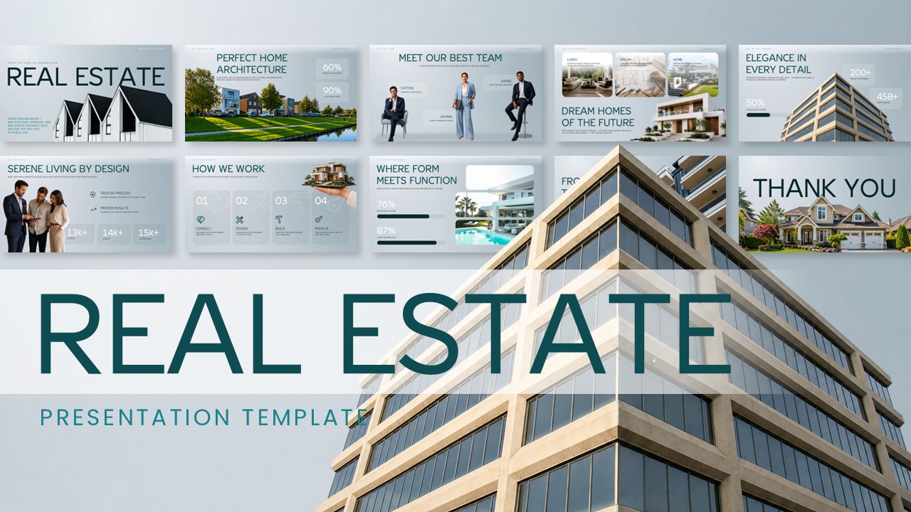 Real Estate Template - Minimalist cover slide with modern white houses and bold teal headline typography