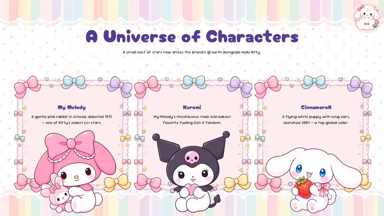 Sanrio Template - Extended character portfolio slide with Pompompurin, Keroppi, and Gudetama profiles