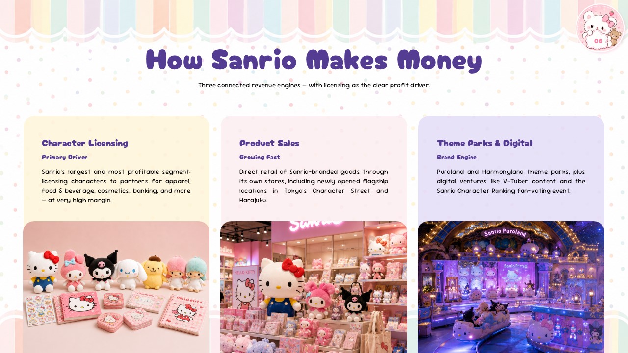 Sanrio Template - Financial performance slide with FY22–FY26 bar chart and three KPI metric cards