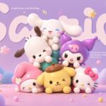Sanrio PowerPoint Template - Company overview slide with pink stats grid and lifestyle product flatlay