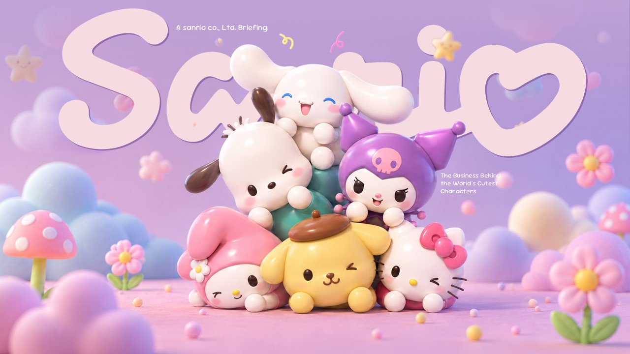 Sanrio PowerPoint Template - Company overview slide with pink stats grid and lifestyle product flatlay