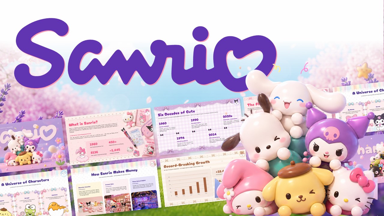 Sanrio Google Slides Template - Kawaii cover slide with pastel purple background and 3D character cluster