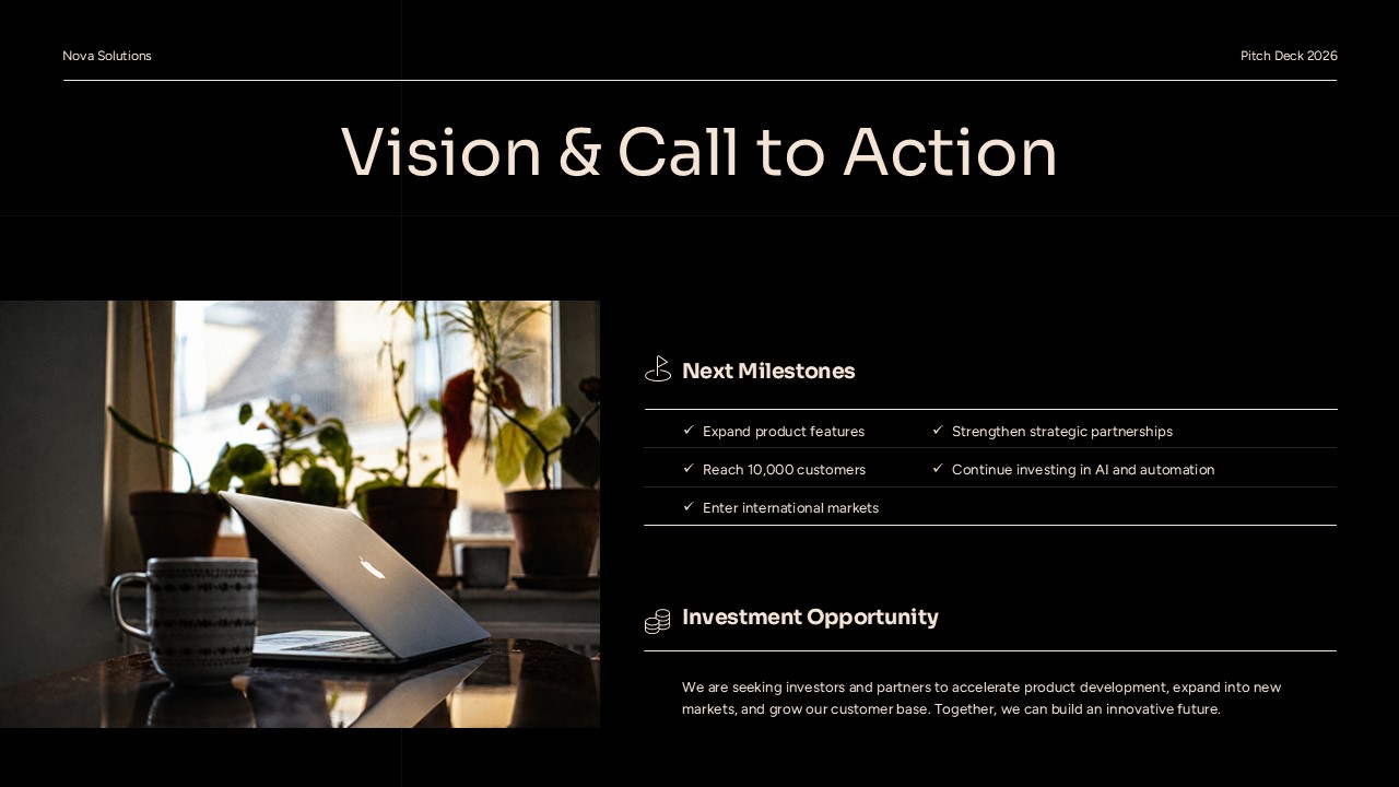 Simple Pitch Deck for Small Businesses - Vision slide with milestones checklist and investment opportunity section