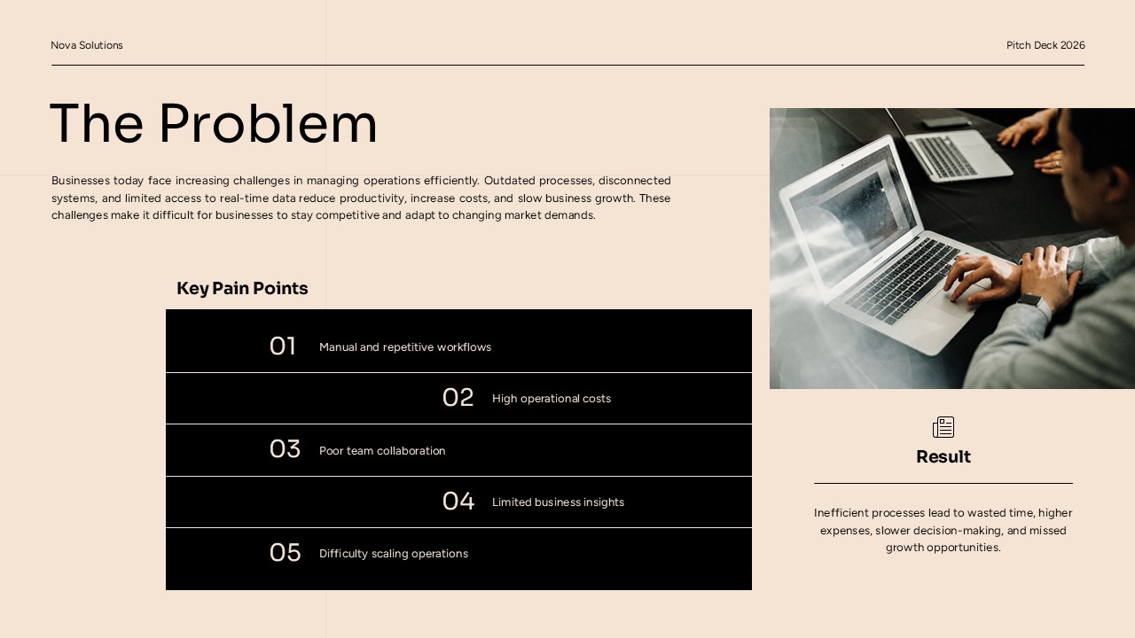 Pitch Deck Solution Slide - Three-column layout with core features, benefits checklist, and bold hero statement