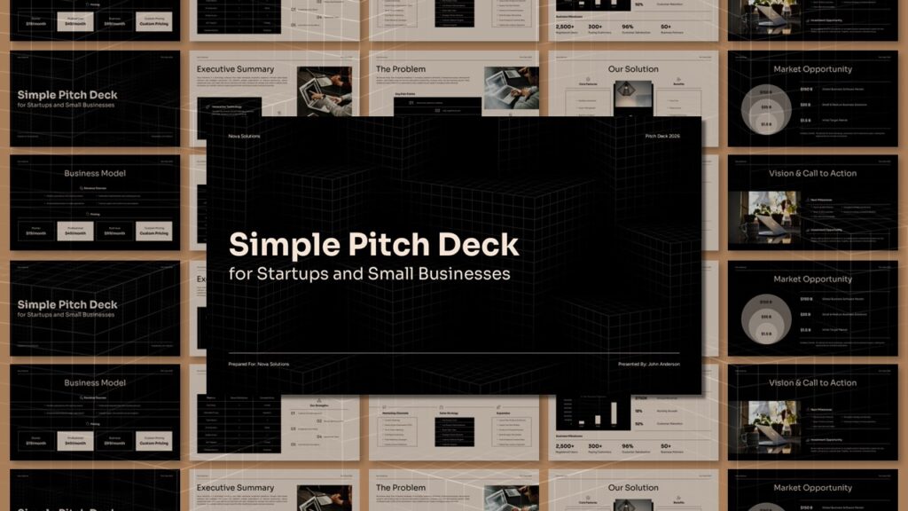 Simple Pitch Deck for Startups - Dark cover slide with bold headline and 3D isometric grid background