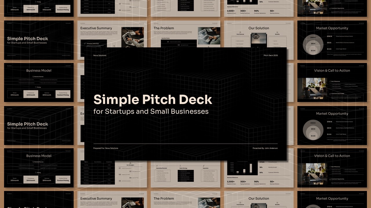 Simple Pitch Deck for Startups - Dark cover slide with bold headline and 3D isometric grid background