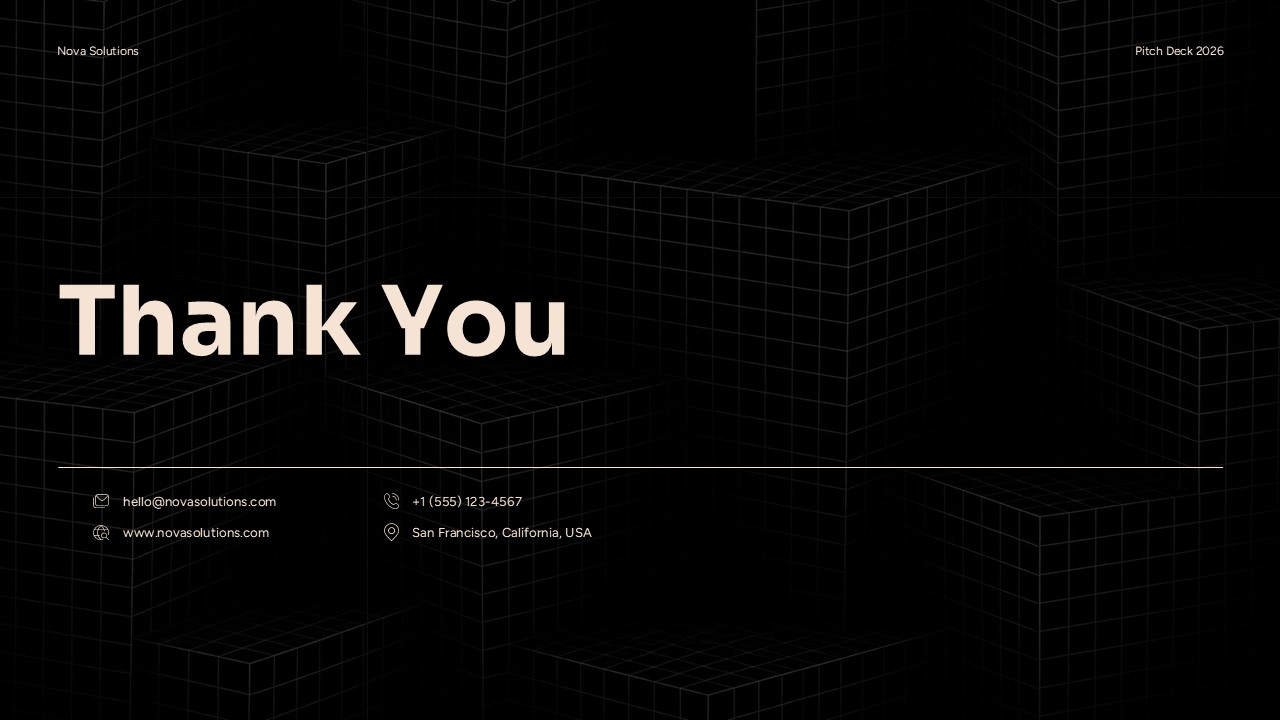 Startup Pitch Deck Thank You Slide - Bold closing headline with contact details on dark isometric grid background