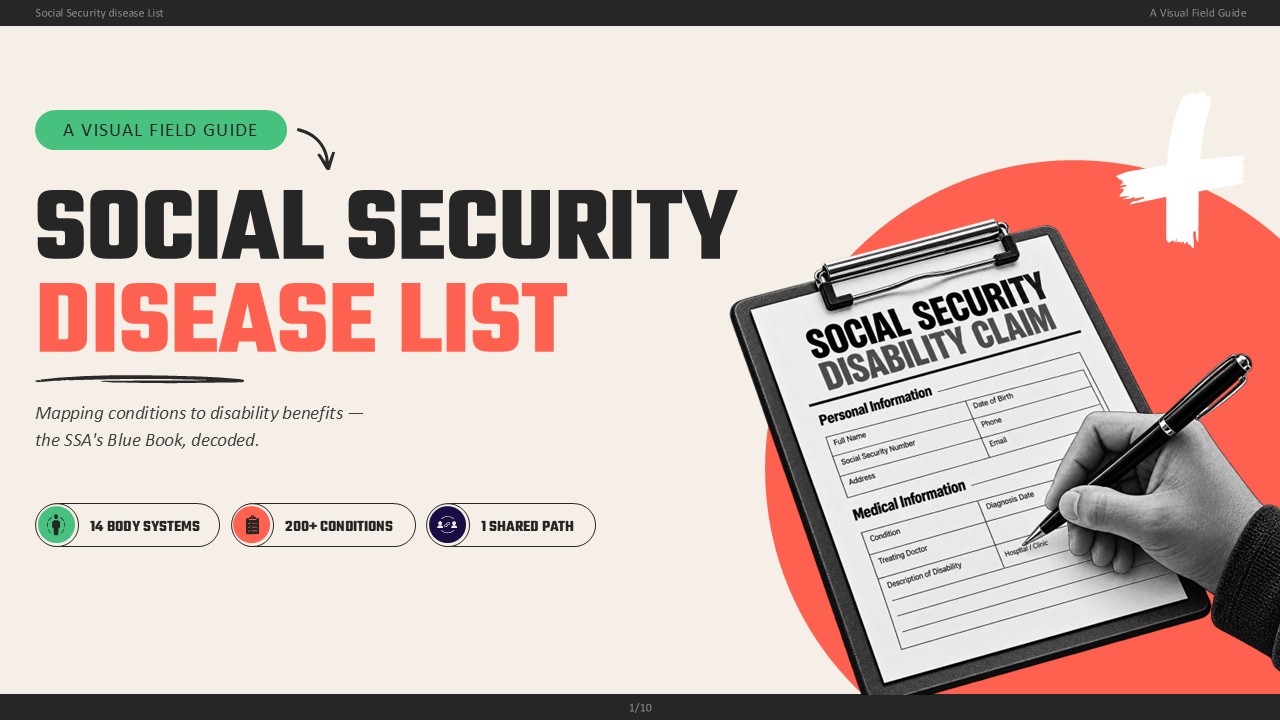 Social Security Disease List Template - Blue Book explainer slide with two key stats and navy curved info panel