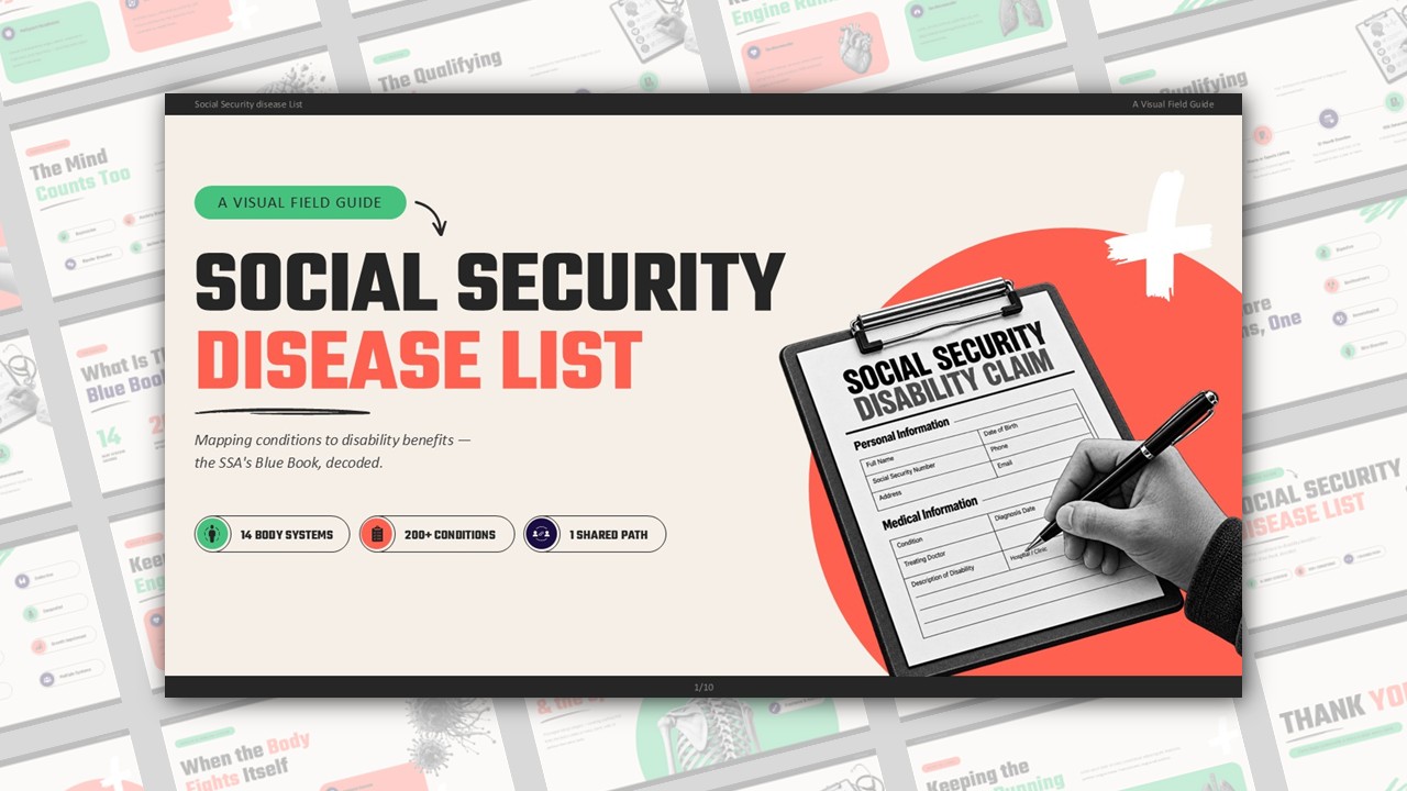 Social Security Disease List Template - Bold editorial cover with 14 body systems, 200+ conditions, and SSA Blue Book stats