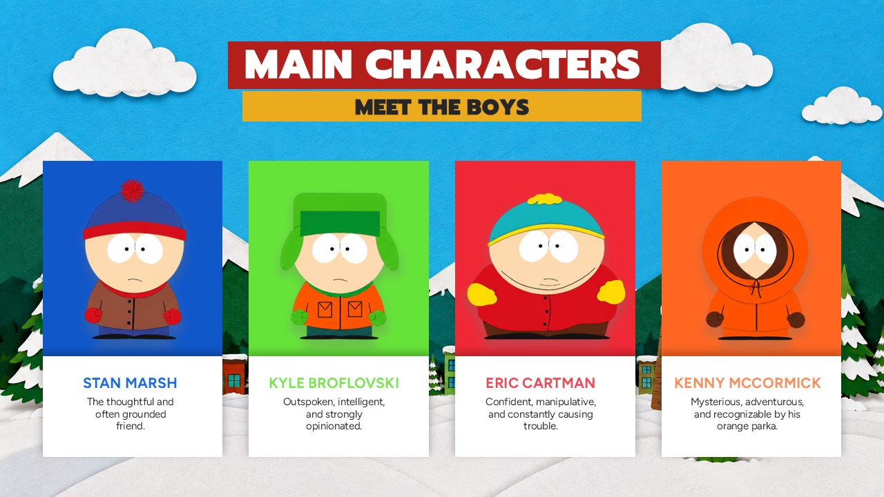 South Park Main Characters - Stan, Kyle, Cartman, Kenny profile cards