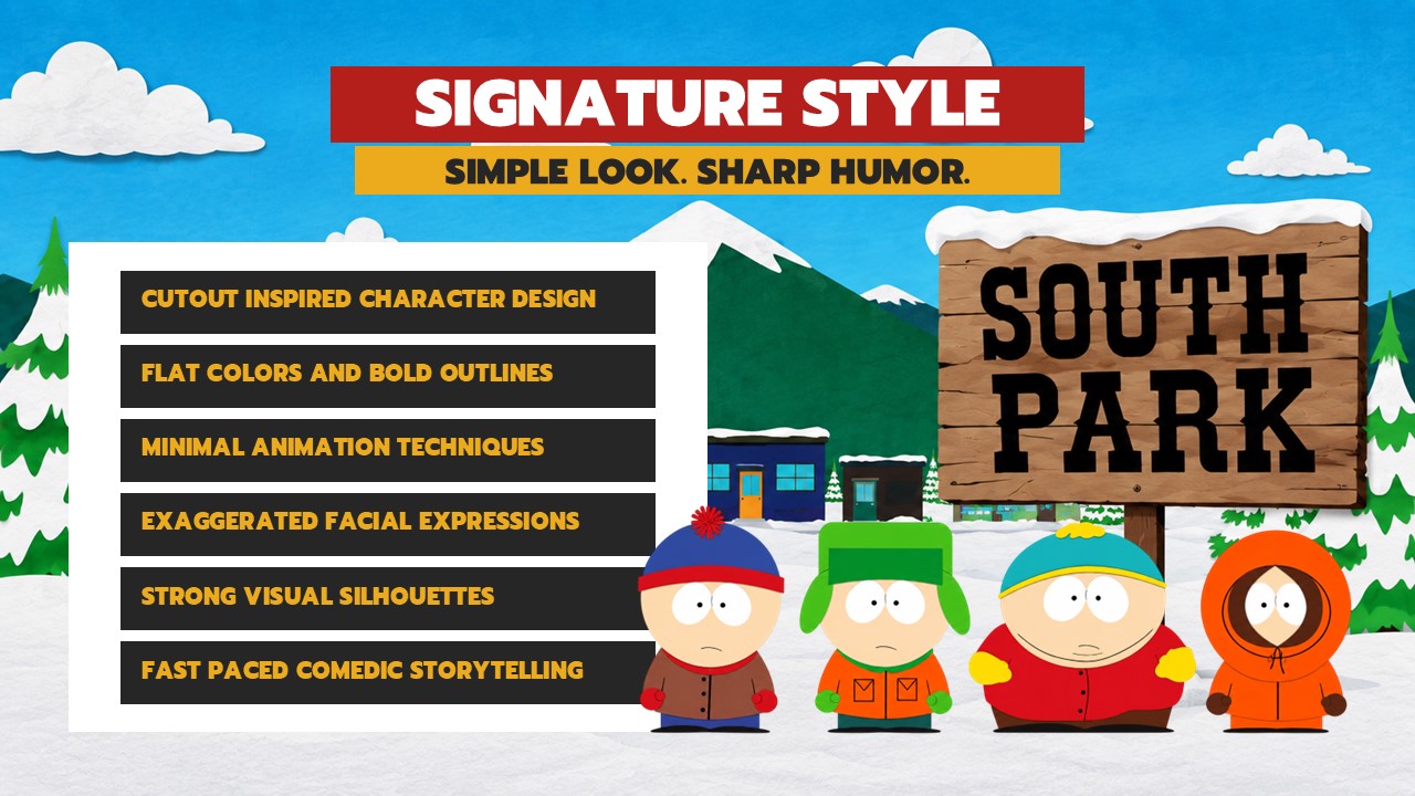 South Park Signature Style - Six animation features list slide