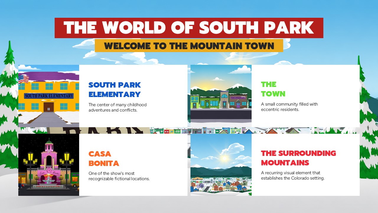 South Park Locations - Elementary, Town, Casa Bonita, Mountains grid