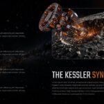 Space Debris Awareness Template - Kessler Syndrome slide showing 4-step cascade sequence from density rise to unusable orbit