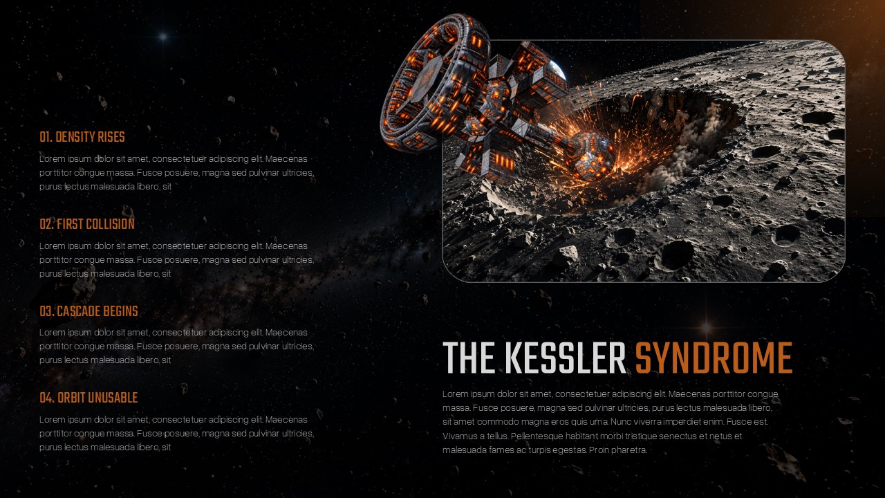 Space Debris Awareness Template - Kessler Syndrome slide showing 4-step cascade sequence from density rise to unusable orbit