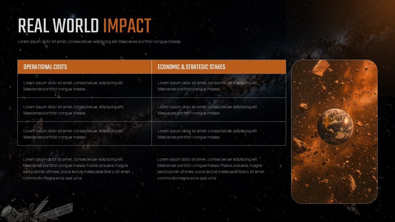 Space Debris Awareness Template - Real World Impact slide with two-column comparison table of operational and economic consequences