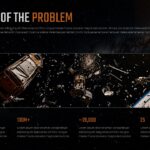 Space Debris Awareness Template - Statistics slide showing 40,000+ objects, 130M+ fragments, and key orbital metrics