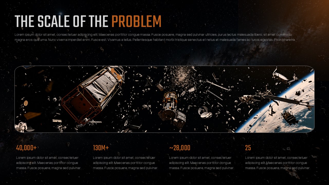 Space Debris Awareness Template - Statistics slide showing 40,000+ objects, 130M+ fragments, and key orbital metrics