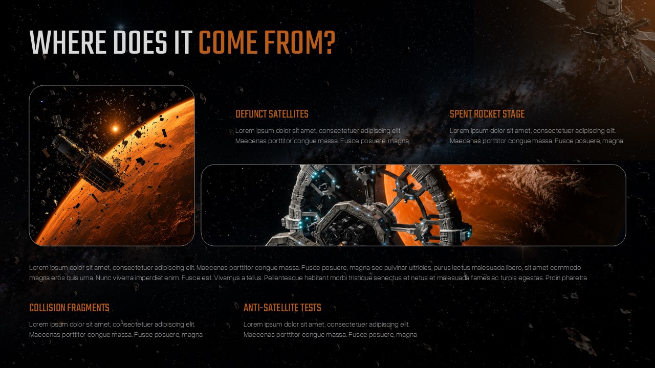 Space Debris Awareness Template - Sources slide covering defunct satellites, rocket stages, collision fragments, and ASAT tests