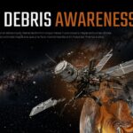 Space Debris Awareness Template - Cinematic dark cover slide with exploding satellite and Earth imagery