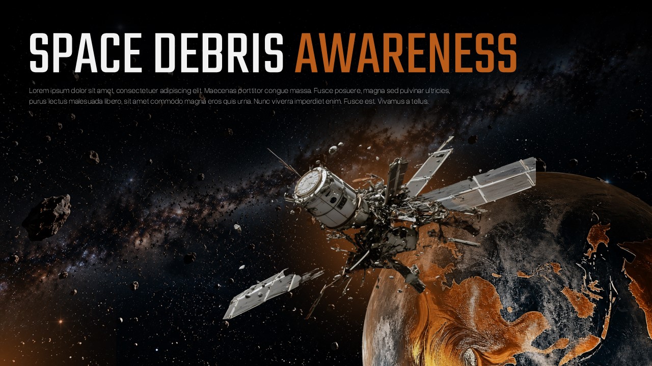 Space Debris Awareness Template - Cinematic dark cover slide with exploding satellite and Earth imagery