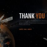 Space Debris Awareness Template - Thank You closing slide with damaged satellite imagery and contact information placeholder