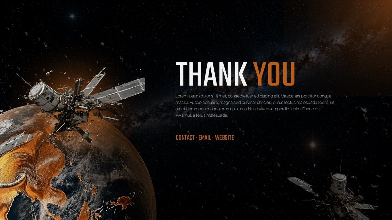 Space Debris Awareness Template - Thank You closing slide with damaged satellite imagery and contact information placeholder